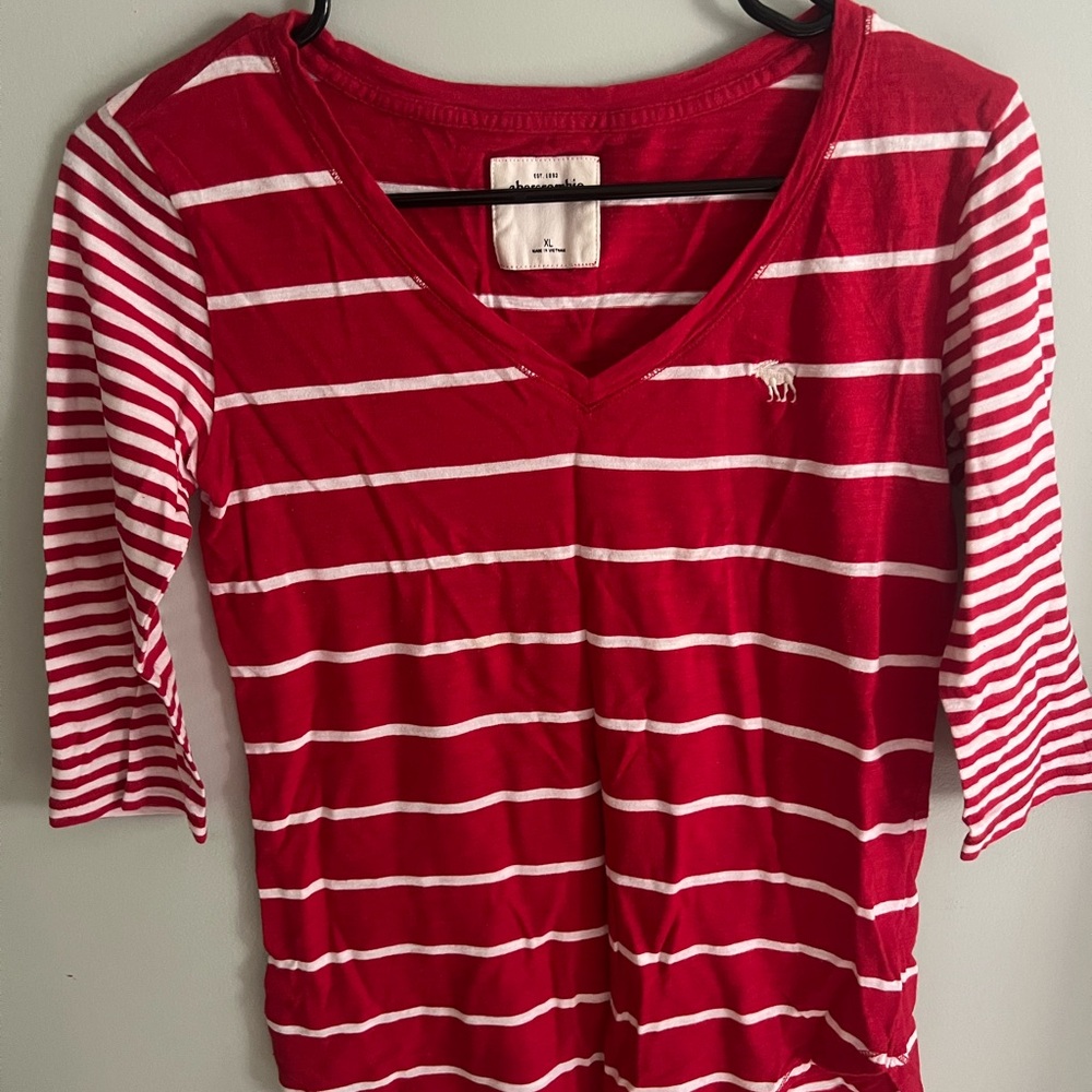 Abercrombie & Fitch Red and White Striped V-Neck Long Sleeve Top